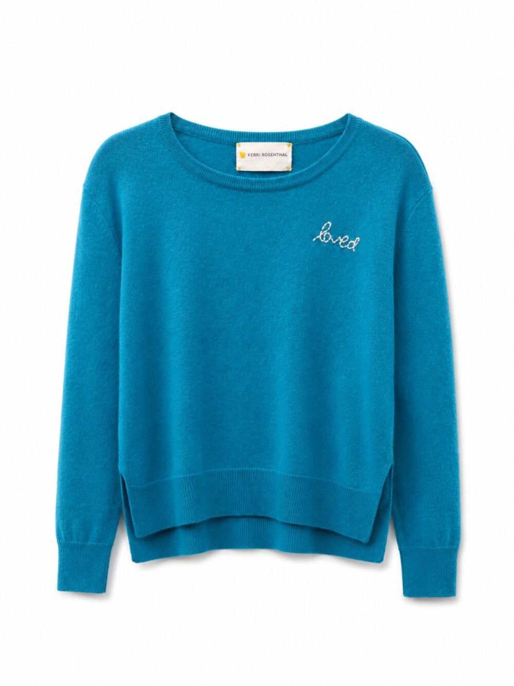 Kerri Rosenthal 100% Cashmere Loved Sweater Large Blue Embroidered Heart